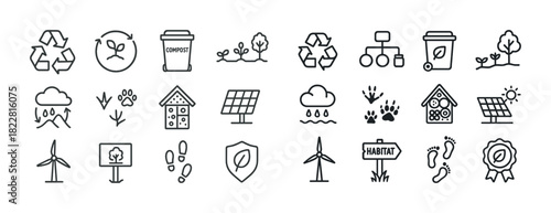 Sustainable energy and environmental icons for eco-friendly concepts in minimalist design