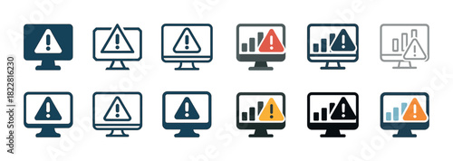 Computer warning icon set with exclamation and graph designs in various colors