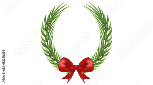 Classic Merry Christmas Pine Wreath with Red Bow Holiday Festive Decoration Vector Illustration