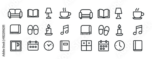 Minimalist icon set: furniture, books, coffee, decor, music, time