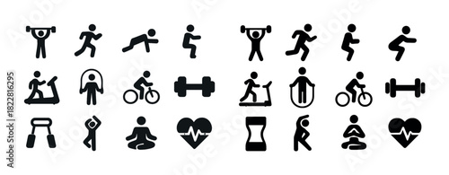 Collection of fitness and exercise icons depicting various workout activities