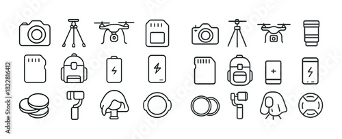 Photography and video equipment icons: cameras, drones, tripods, memory cards