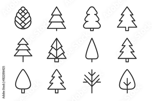 Modern Pine Icon Set. Modern Outline Pines. Line outline icon set of Modern Outline Pines: pine cone shape,