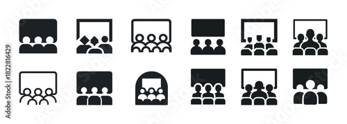 Seminar attendees silhouette icons meeting presentation symbol set