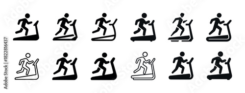 Treadmill workout icon set: running silhouettes in black and white