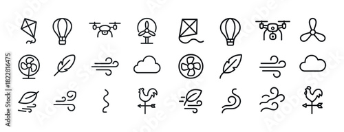 Set of minimalist wind and air icons featuring balloons and kites