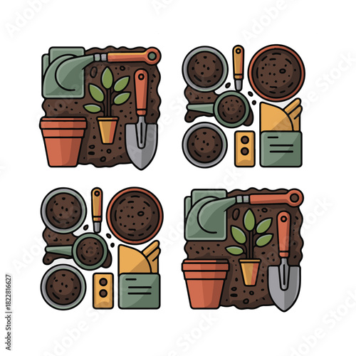 Four square arrangements of gardening tools soil and plants vector