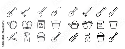 Garden tool icons: shovel, rake, watering can, gloves, shears, pot, spray bottle