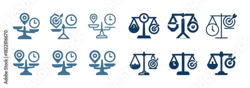 Set of icons depicting scales balancing clocks and location symbols