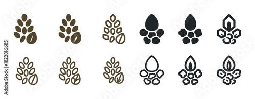 Collection of coffee and seed icons in various styles and color schemes
