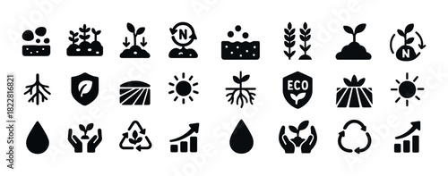 Eco-friendly agriculture icons: sustainability, growth, and nature symbols