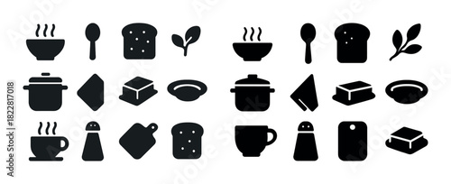 Silhouette icons of kitchenware: pot, spoon, bread, cup, leaf, butter