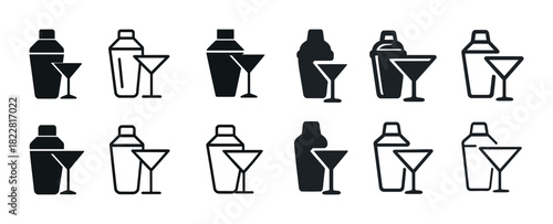 Cocktail shaker and glass icons set in black and white