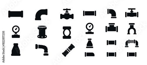 Silhouette icons of plumbing pipes and fittings on white background
