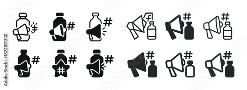 Monochrome social media icons with hashtags and megaphones