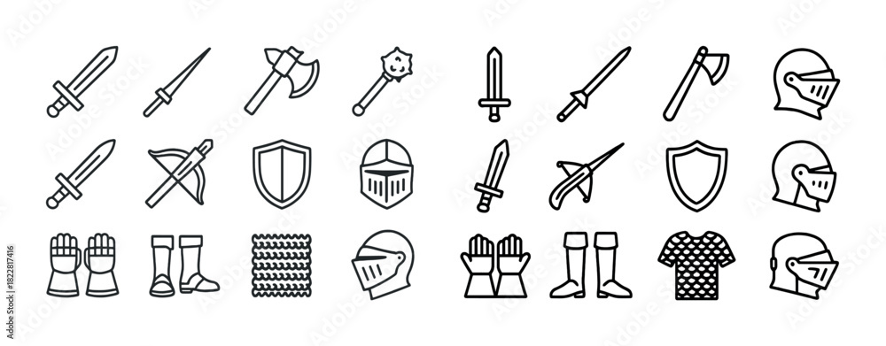 Obraz premium Medieval weaponry and armor icons set featuring swords, axes, helmets, shields, and gloves