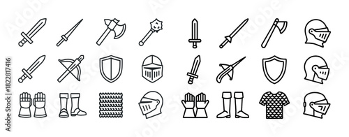 Medieval weaponry and armor icons set featuring swords, axes, helmets, shields, and gloves