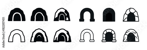 Collection of various igloo and cave icon designs in black and white