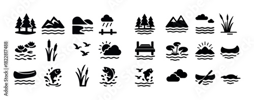 Nature icon set: mountains, trees, wildlife, water, weather, birds