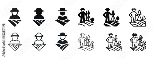 Monochrome farmer icons set: hat, field, agriculture symbols in various styles
