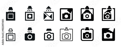 Camera and light icons collection in black and white design