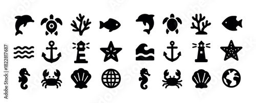 Nautical and marine silhouettes: dolphins, anchors, and coral icons