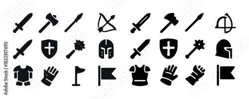 Medieval weaponry and armor icons: swords, shields, helmets, flags