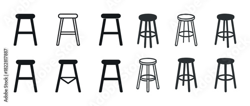 Set of twelve black and white bar stool silhouettes in various designs