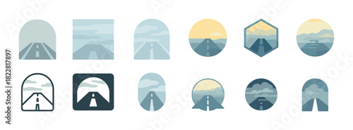 Various road icon designs with scenic backgrounds