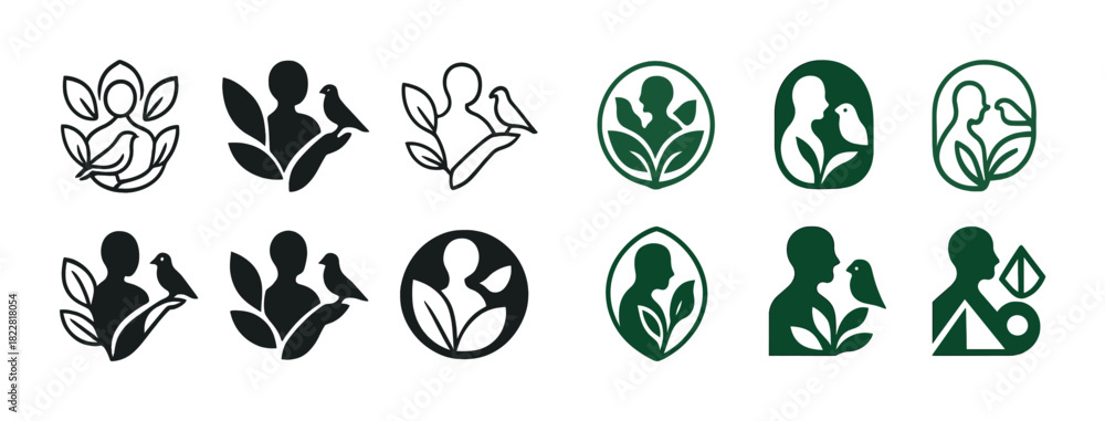 Fototapeta premium Nature-inspired bird and human silhouette icons