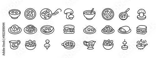 Set of mushroom-themed food icons in black and white line art style