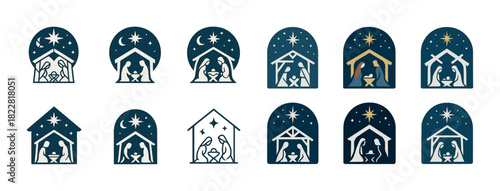 Nativity scene icons: simple silhouettes of religious figures under stars