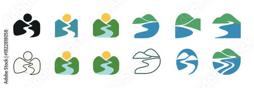 Abstract nature icons: river and mountain designs in various styles