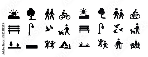 Park icon set: activities, nature, and leisure elements