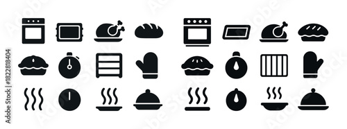 Collection of baking icons featuring oven, tray, chicken, bread, pie, mitt