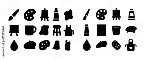 Art tools and equipment icons: brush, palette, easel, paint, tube
