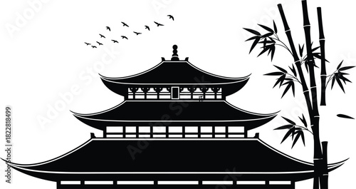 Traditional Japanese or Chinese pagoda temple silhouette black vector illustration with bamboo plants and flying birds isolated on white background Asian culture design