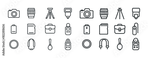 Photography icon set: cameras, lenses, tripods, flash, batteries, memory cards
