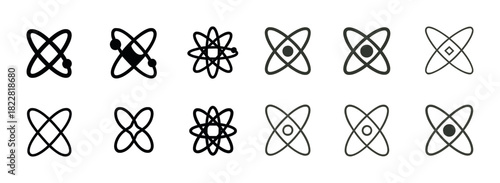 Atomic icons set: diverse representations of atom models in black and gray