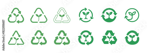 Eco-friendly recycling icons set featuring green leaves and arrows