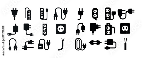Variety of electrical plug and socket icons: diverse power connection symbols in black silhouette