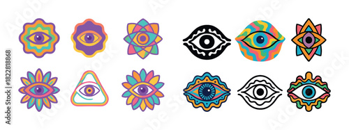 Colorful abstract eye designs with geometric patterns and vibrant colors