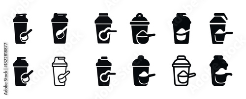 Set of twelve protein shaker icons with scoops in black on white background