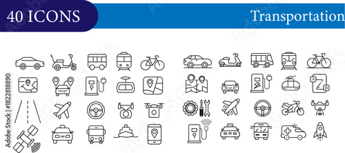 Transportation Line Icons – Mobility, Vehicle, Navigation Outline Vector Set. including cars, bikes, buses, scooters, aircraft, ships, GPS navigation, and smart mobility tools. Perfect for UI/UX, maps