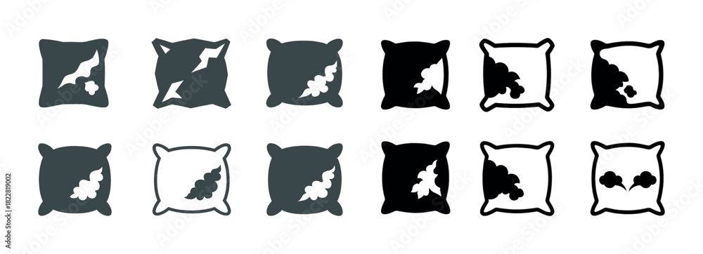 Obraz premium Icons of cushions with leaf patterns in black and white variations
