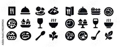 Icon set of black food and dining symbols including dishes and utensils