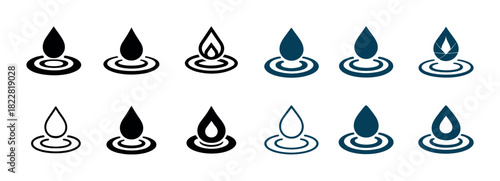 Set of black and blue stylized water droplet and flame icons with concentric circles
