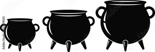 Black cauldrons, metal cookware, three sizes, kitchen tools, rustic design, cooking pot, witch cauldron, vintage style, culinary props, Halloween decor