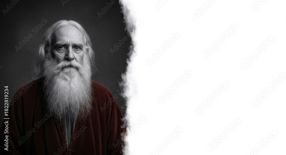 Obraz premium Old man with long white beard and a red robe. Christian religious figure concept with copy space.