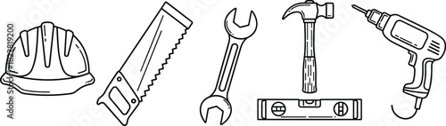 Construction tools, handyman equipment, repair gear, carpentry essentials, mechanical instruments, safety helmet, hammer, drill, wrench, saw, level, outline icons